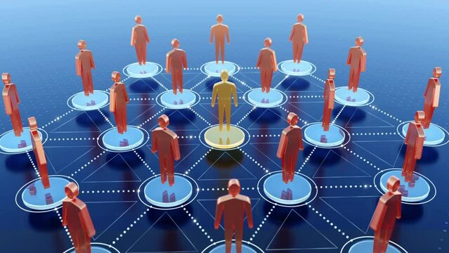 Business Social Network. A group of abstract human figures are locating above interconnected nodes, which are arranged around the one central figure highlighted by yellow. 3D rendering animation.