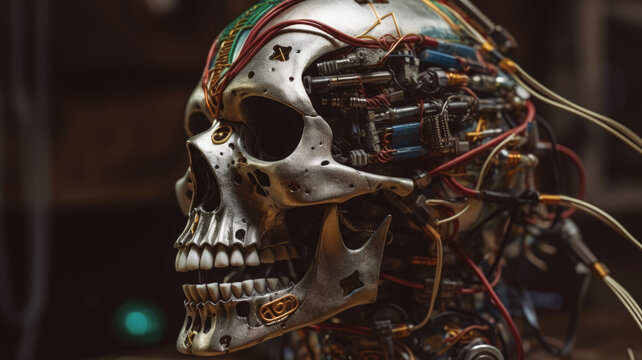 Generative AI illustration of wires inside human metallic skull with destroyed parts connected to computer core against blurred background