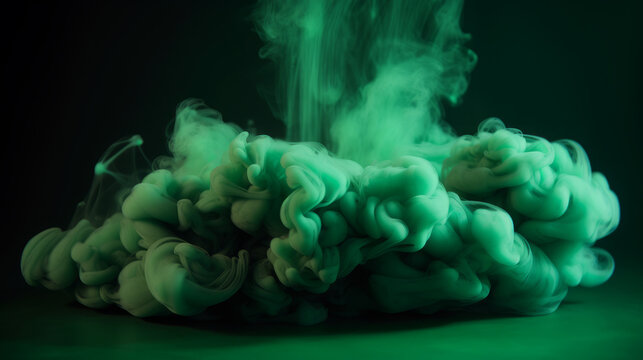 Generative AI illustration abstract background of fantastic big exploding green cloud of dense smoke against black background