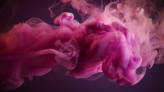 Generative AI illustration of magenta and pink fluffy pastel ink smoke cloud against black background