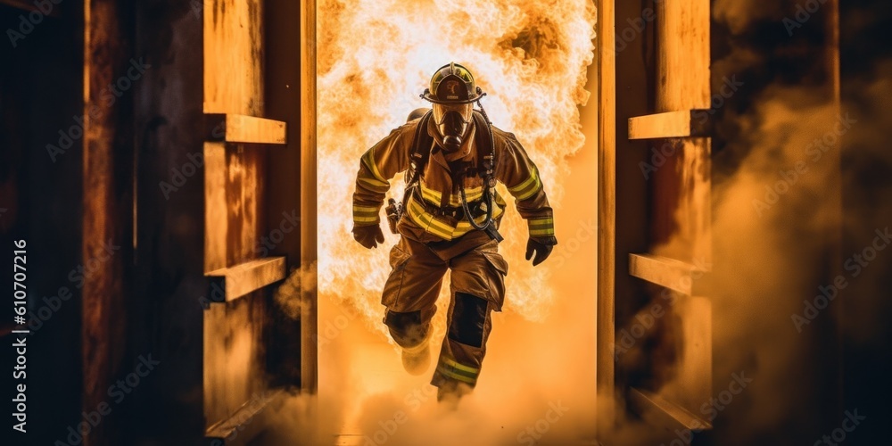 Aufkleber a firefighter running through an open door. generative ai image.