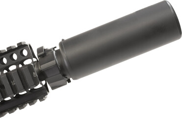 Silencer mounted on the barrel of an assault rifle