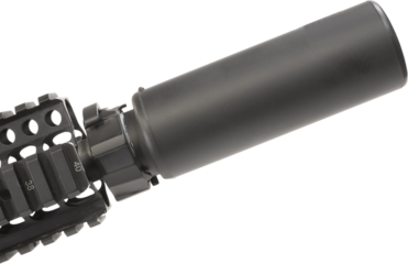 Silencer mounted on the barrel of an assault rifle