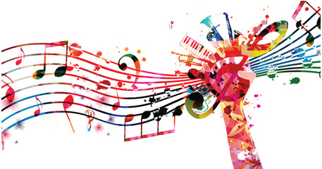 Hand holding G-clef with musical instruments vector illustration. Playful background for live concert events, music festivals and talent shows, party flyer with treble clef and musical notes  © abstract