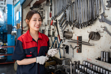 Selective focus of beautiful Asian female mechanic in uniform and gloves, standing holding a ring spanner and smiling at camera beside the tools storage wall for auto service and car repair in garage.