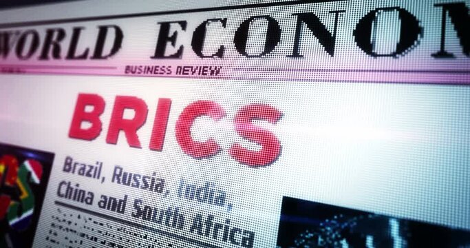 BRICS Brazil Russia India China South Africa economy association daily newspaper reading on mobile tablet computer screen. Man touch screen with headlines news abstract concept 3d. 