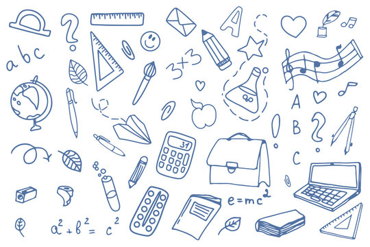 Background of school icons in doodle style. School education. Back to school doodle drawing.