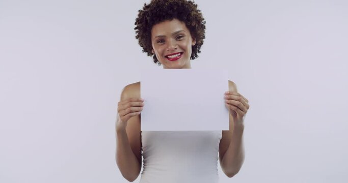 Woman, poster and mockup in studio with smile, face and beauty for promo, vote or opinion by white background. African girl, model and blank billboard with mock up space, brand or makeup in portrait