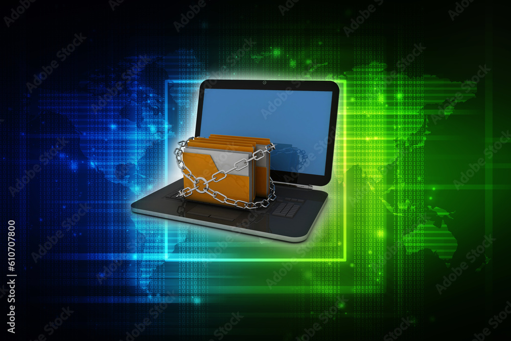 Poster 3d rendering folder on laptop with lock