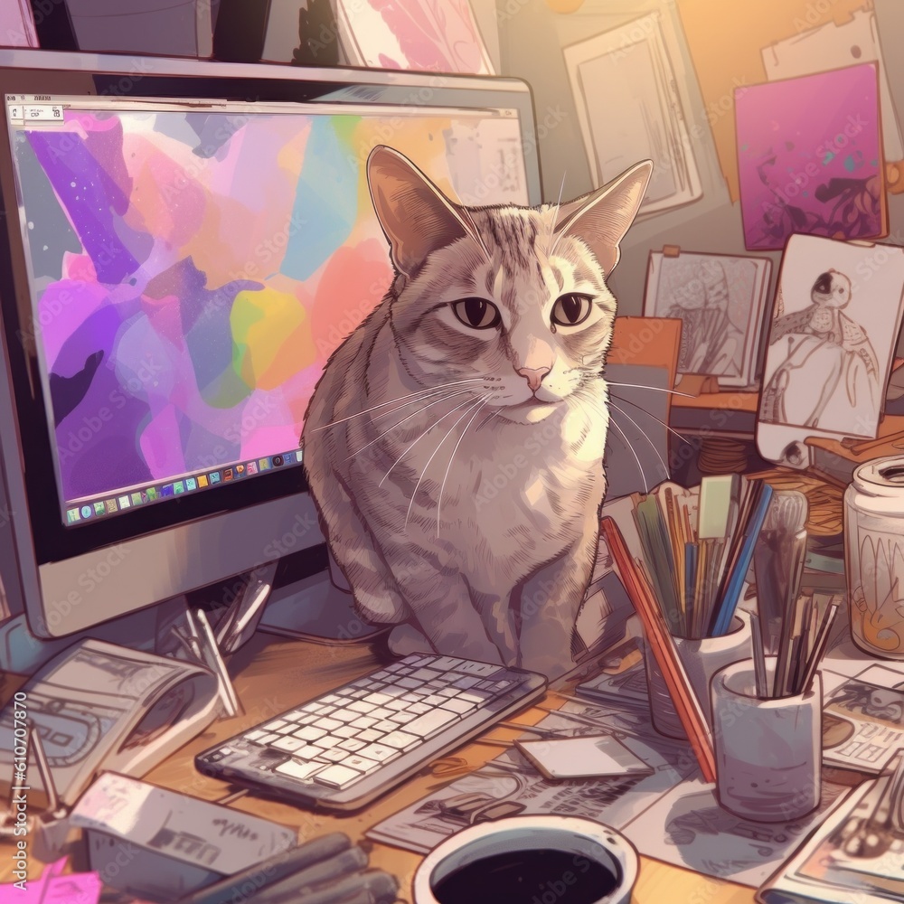 Poster a cat sitting on top of a desk next to a computer. generative ai image.