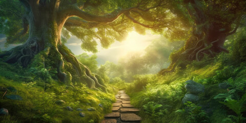 Obraz premium Path among ancient trees leading out of fantasy forest lit with warm sunlight