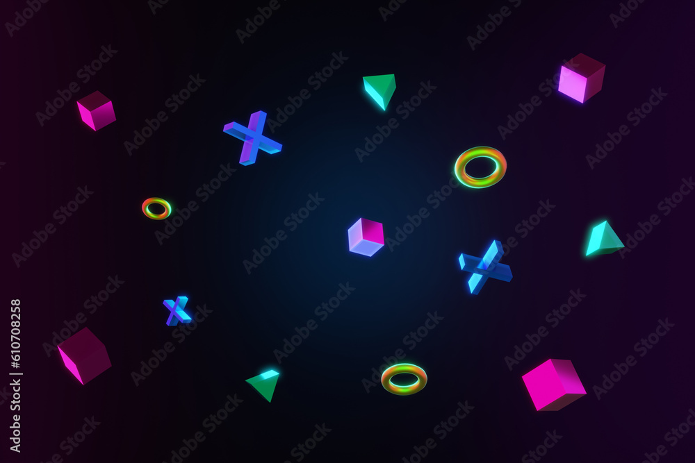 Poster abstract 3d of video game cyberpunk on dark blue background. vr virtual reality simulation and metav
