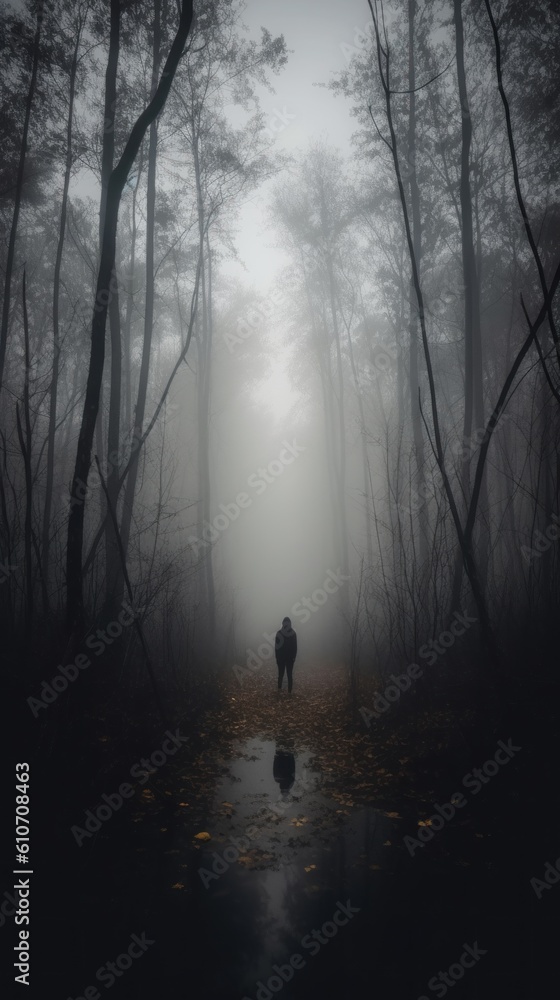 Aufkleber a person standing in the middle of a forest. generative ai image.