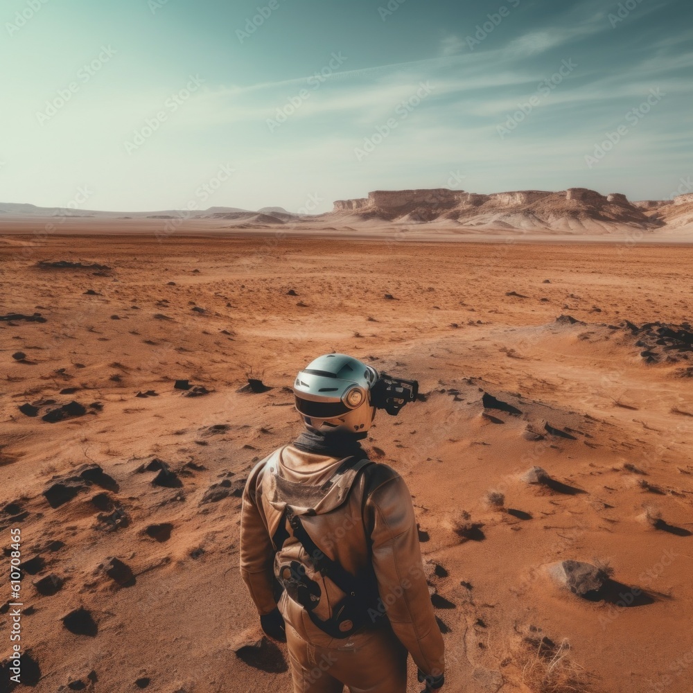 Poster a man in a space suit standing in the desert. generative ai image.