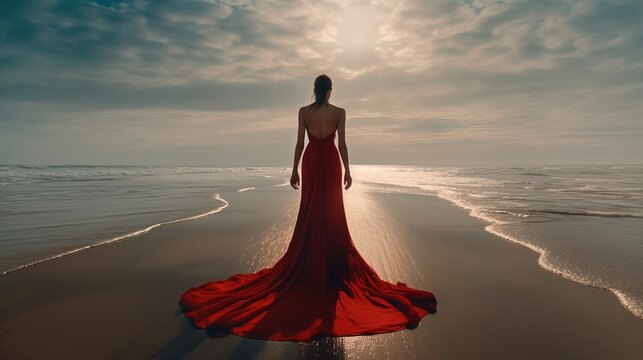 a woman in a red dress on a beach. Generative AI Art.