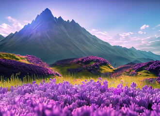 Fototapeta na wymiar A field of purple flowers with a mountain in the background. Generative AI