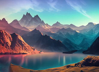 Fototapeta na wymiar A mountain range is shown with a lake and mountains. Generative AI
