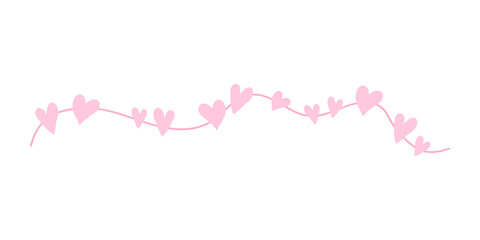 Decorative border element, cute hand drawn divider. For design or decor, for collage. Vector ornament frame border line. Wavy line with pink hearts.