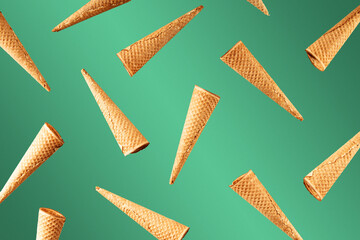 Ice cream cones pattern. Green gradient background. Sweet, summer and empty concept