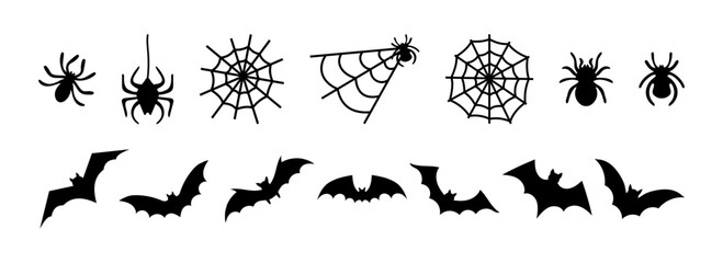 Set bats, spiders and cobwebs, isolated on white background. Vector illustration, traditional Halloween decorative elements. Halloween silhouettes black spiders and spider web, bats - for design decor
