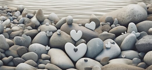 Fototapeta premium Heart on small sea stones, close up, generative ai