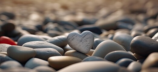 Obraz premium Heart on small sea stones, close up, generative ai