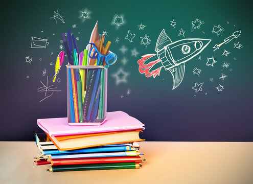 Back To School - Books And Pencils With Rocket Sketch. Generative AI