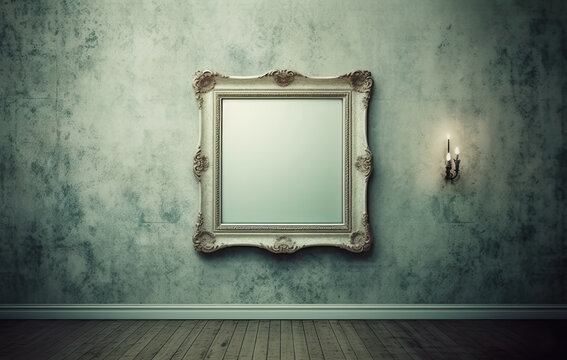 Empty picture frame, mirror hanging on the wall.