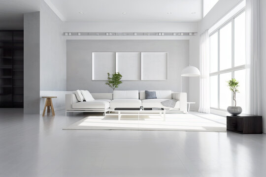 Bright living room concept showcasing white minimalistic interior design with sofa, coffee table, potted plants and picture frames on the wall with copy space