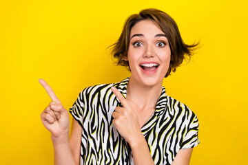 Photo of beautiful amazed lady direct fingers poster empty space ads wear zebra summer blouse isolated yellow color background