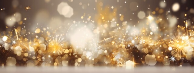 Festive celebration holiday christmas, new year, new year's eve background banner template - Abstract glitter bokeh lights texture . silver and gold. de-focused Generative AI
