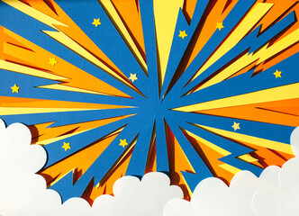Handmade paper cutout pop art comic background. Cartoon flat style. In yellow, orange and blue color. Lightning. Concept. 
