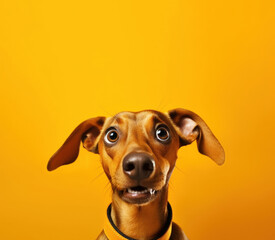 Curious Dachshund dog looking up at blank copy space, on bright yellow background. AI generative.