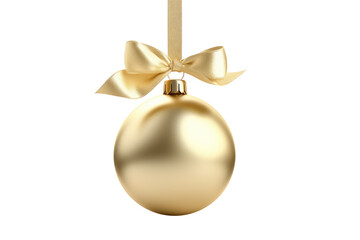 gold Christmas ball with ribbon and a bow, isolated on background. Generative AI - 610710292