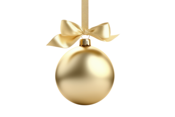 gold Christmas ball with ribbon and a bow, isolated on background. Generative AI