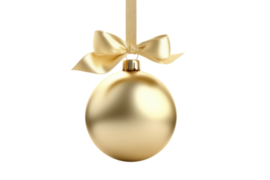 gold Christmas ball with ribbon and a bow, isolated on background. Generative AI