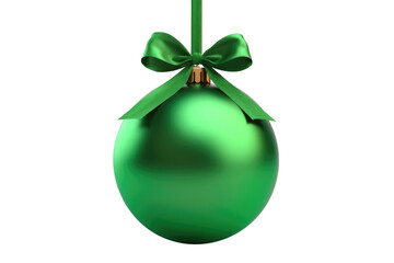 green Christmas ball with ribbon and a bow, isolated on background. Generative AI