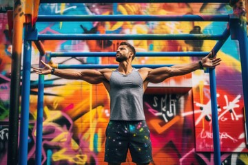 Obraz na płótnie Canvas A man doing pull ups in front of a graffiti wall. Generative AI image.