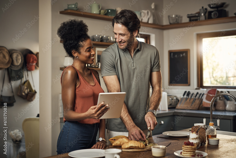 Sticker Interracial couple, tablet and cooking in kitchen for recipe, social media or online food vlog at home. Man and woman preparing breakfast meal or cutting ingredients together with technology on table