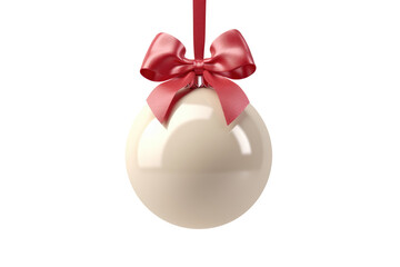 Red white Christmas ball with ribbon and a bow, isolated on background. Generative AI