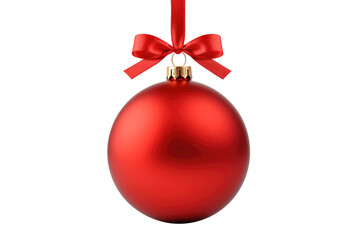 Red Christmas ball with ribbon and a bow, isolated on background. Generative AI - obrazy, fototapety, plakaty