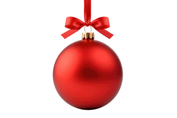 Fotobehang Red Christmas ball with ribbon and a bow, isolated on background. Generative AI © premyuda