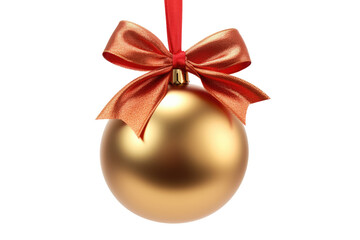 Red gold Christmas ball with ribbon and a bow, isolated on background. Generative AI