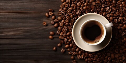 Naklejka premium Top View Temptation. Coffee Cup on a Wooden Table with Coffee Beans 