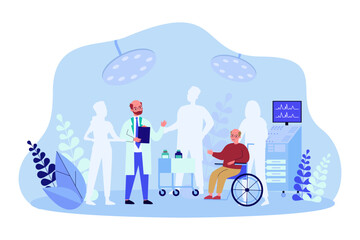 Doctor consulting man in wheelchair vector illustration. Empty silhouettes of healthcare workers carrying and treating patients. Health workforce shortage, recruiting problem, medicine concept