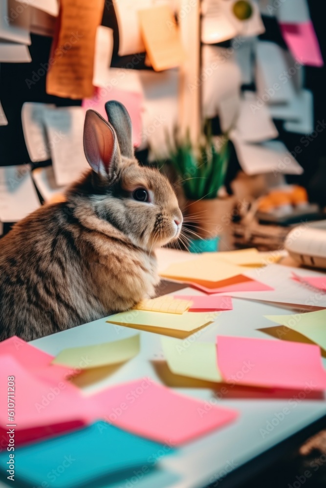 Poster a rabbit sitting on top of a desk covered in post it notes. generative ai image.