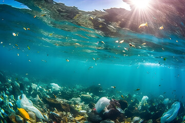 Fototapeta na wymiar Plastic Ocean - An underwater shot of marine wildlife surrounded by plastic waste to raise awareness about ocean pollution. Generative ai