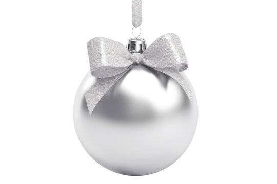silver Christmas ball with ribbon and a bow, isolated on background. Generative AI