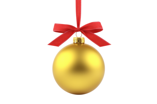 yellow Christmas ball with ribbon and a bow, isolated on background. Generative AI