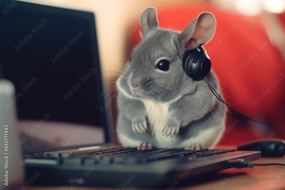 Poster a small mouse sitting on top of a keyboard. generative ai image.